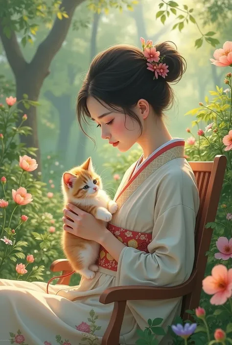 A refreshing morning、A young Japanese woman holding a kitten sitting on a chair surrounded by flowers and greenery