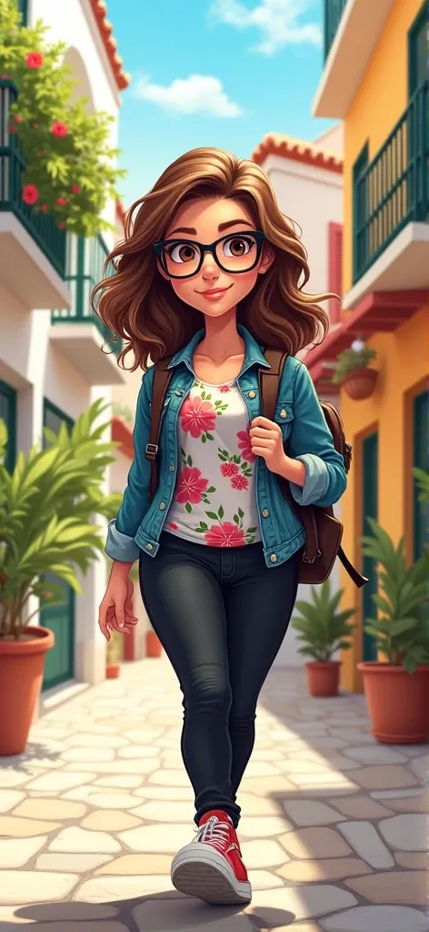 Draw in cartoon fun of an adorable woman with wavy hair brown hair, dark-framed glasses, small dark eyes, and a straight, prominent nose. She have wide hips and is wearing a floral shirt, denim jacket, black pants, and a backpack as she walks through a cha...