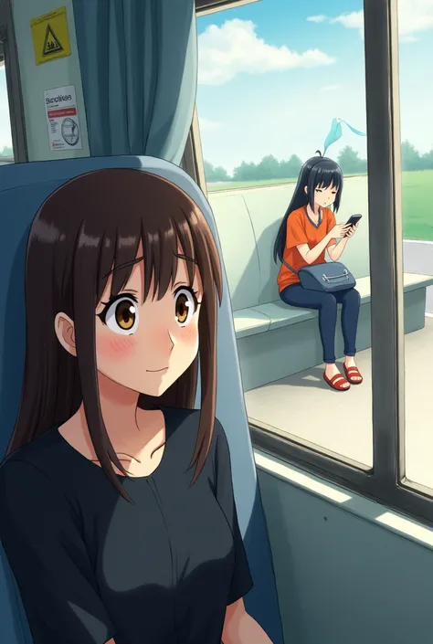 A woman with straight dark brown hair, wearing a black blouse, wide-eyed and smiling nervously, with raised eyebrows, sits in the window seat inside a bus while outside the window there is a woman sitting on a bench wearing navy blue jeans, an orange shirt...