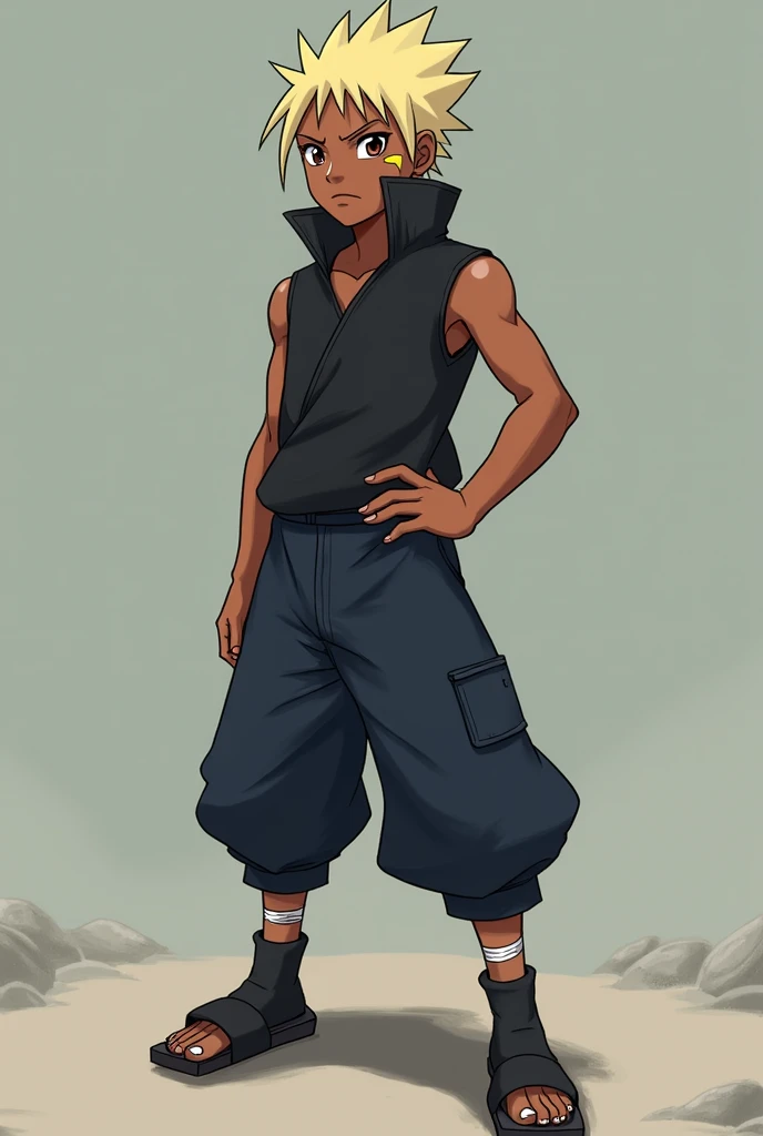 Create a Naruto Classic-style version of Raiden A. He has dark, deep brown skin, just like his father, the 4th Raikage. His hair is blonde and spiked up, he is a jounin, wild but shorter than in later years, resembling his fathers, with a few loose strands...