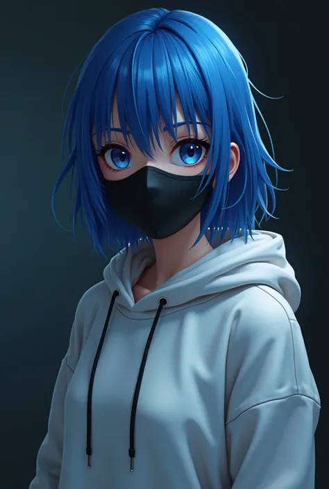 (photorealism:1.2), a girl with blue hair and eye colour dark blue with white hoodie  anime attitude  background dark room attitude anime 
Smart with black mask