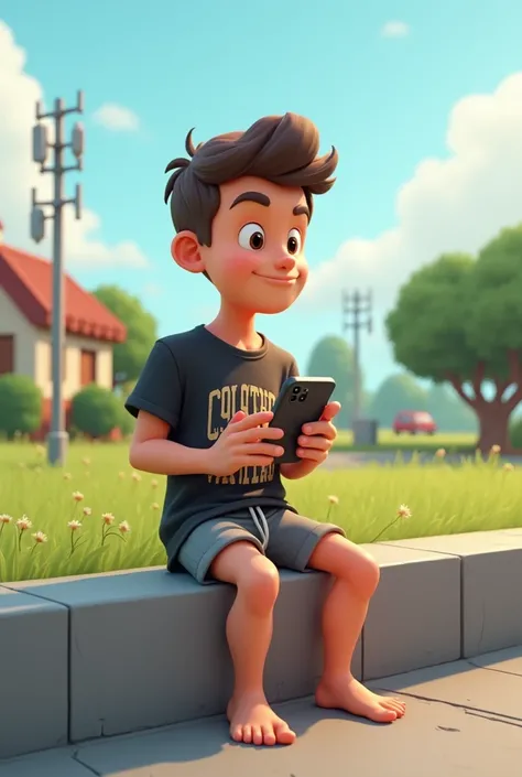 3D cartoon style character of a young man sitting relaxed on a low concrete ledge, wearing a black t-shirt that says CDL OUT in faded colors and gray shorts. He held the phone in his hand and looked directly at the camera. The background features a grassy ...