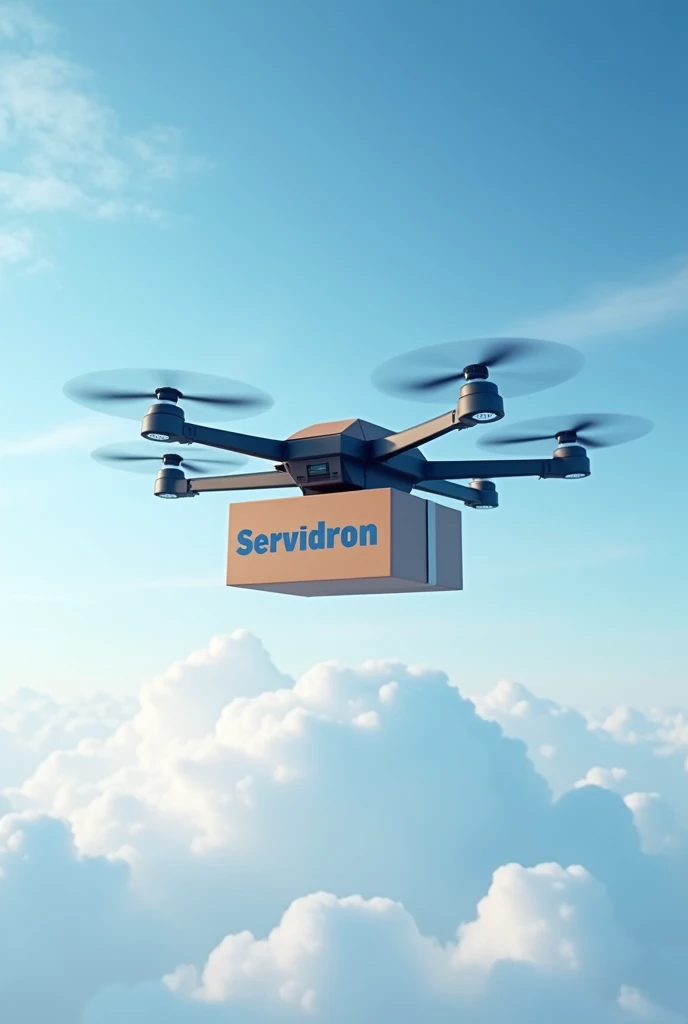 Drone that carries a box and the box has the name of Servidron but in blue letters