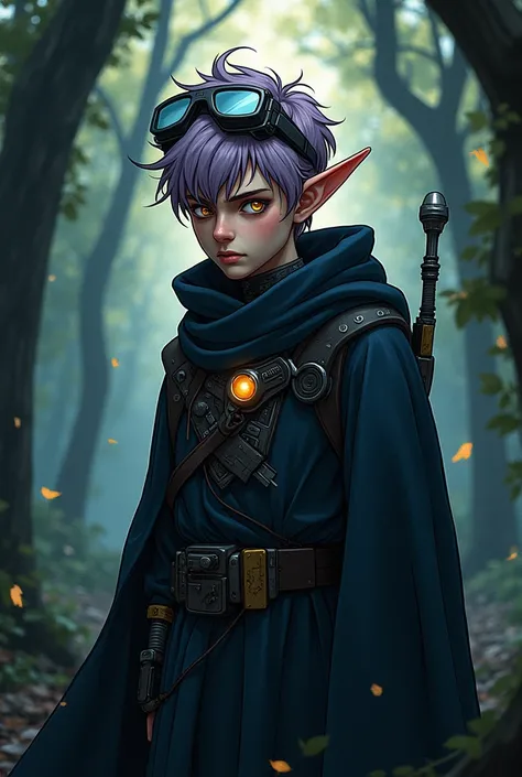 A young elf with messy hair and shades of lilac, wearing protective glasses on the forehead. His gaze is serious and closed, with bright amber eyes. He wears a dark cloak with technological details., that contrast with their environment. Around her, a dark...