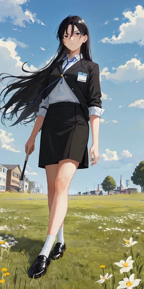 1man, black hair, black eyes, office staff uniform, serious expression, grassland, blue sky, town, best quality, masterpiece, wallpaper.