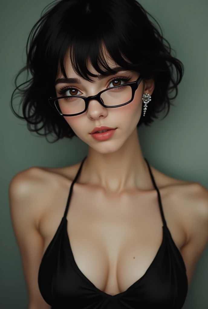 A young woman with short, tousled, wavy black hair, her expression is neutral, with pink lips slightly parted and piercing brown eyes, with glasses. She wears small elegant and shiny earrings and a low-cut black mini dress. tender looking.