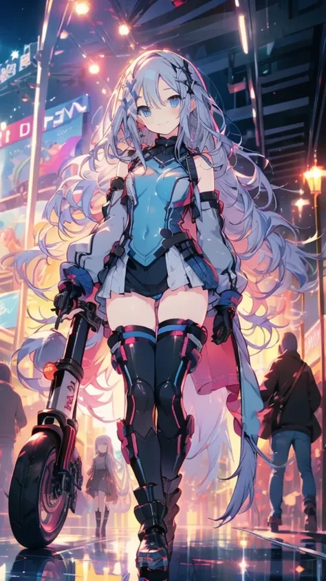 (((Night Park，Street lamp，Pose in front)))，((full body)),(Tabletop.Best Quality).(Dynamic Angle). (CG paintings with attention to detail),(Perfect image)、((Finger Frame)),comics.shape.1 girl.Detailed face、((kanade3rd，Grey Hair，Patent leather long boots))，e...