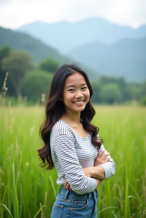 A young Indonesian women, 2, standing in a field of tall grass. She is wearing a striped long-sleeved shirt and blue jeans. Her hair is styled in loose waves and she is smiling at the camera. In the background, there are mountains and trees. The sky is ove...