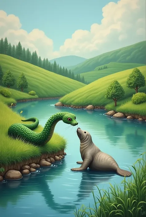 A countryside landscape with a lake, A snake coming out of the grass to approach the lake and a seal waiting patiently and happily in the lake for the arrival of the green snake, that looks like acrylic paint, The seal has to be bigger than the snake, The ...