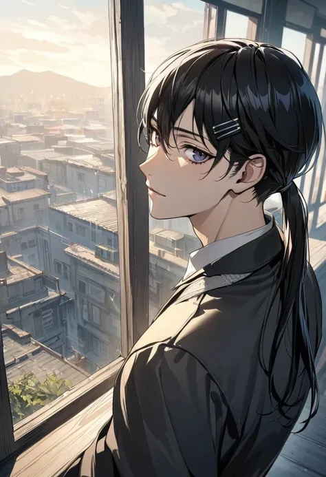 Masterpiece, High Details, 1boy, bishounen, Black Hair, long ponytail, Lonely, Light Smile, from window, looking at viewer, Hair Clip,