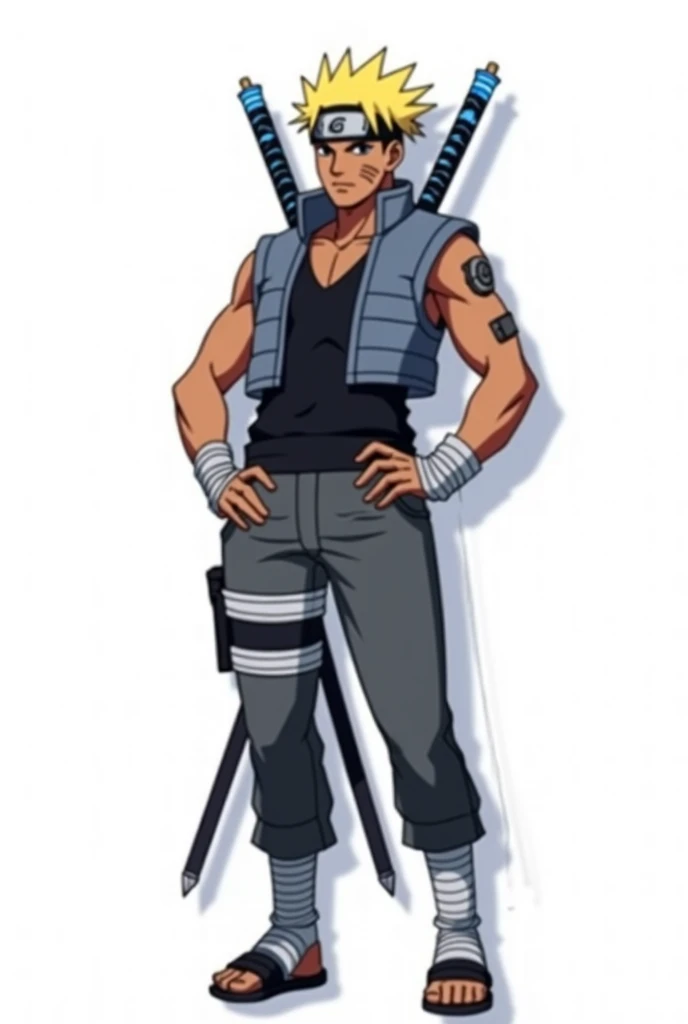 Create a Naruto Shippuden-style version of Raiden A with a white background. He has dark, deep brown skin like his father, the 4th Raikage. Now a Jōnin at 17-1, Raiden A has a lean yet muscular build—his body shows signs of power, but he is still not as bu...