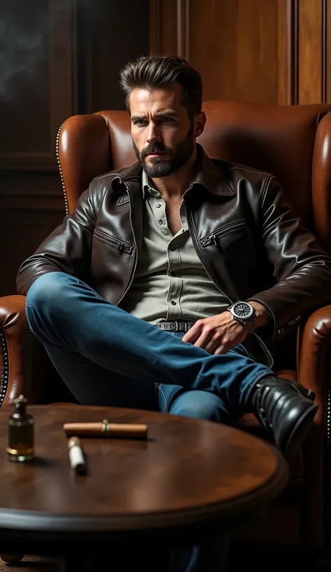 Guy in Leather, sitting on a leather seat, rolex , blue jeans, cigar on a dark wooden table, try to say someting