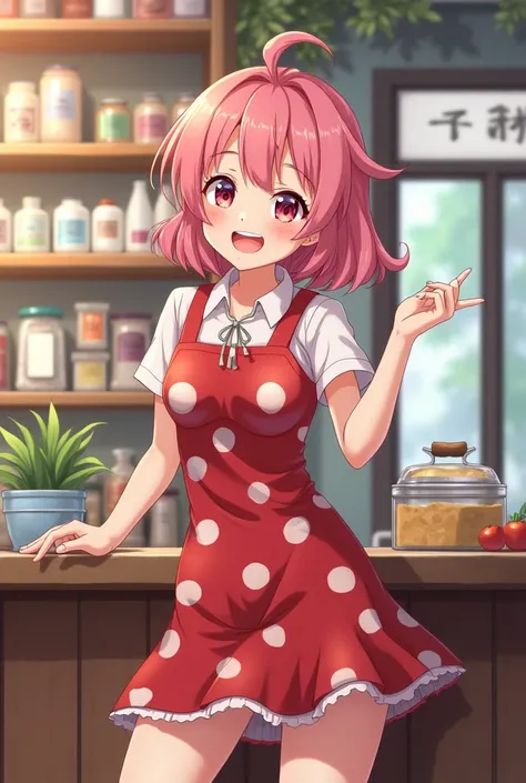 Singing at the counter at a store、Cute woman with pink hair、Hair is shoulder length、
I like singing、Red and white polka dot outfit、