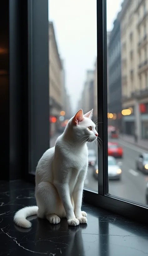 Create an image of handsome white male cat standing in front of Large window of luxury black  department looking outside 