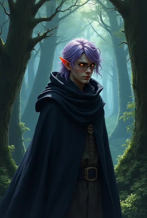 An elf with messy hair and shades of lilac, wearing protective glasses on the forehead. His gaze is serious and closed, with bright amber eyes. He wears a dark cloak, that contrast with their environment. Around her, a dark forest with tall trees, dense fo...