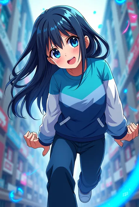 Make my Minecraft skin into a anime girl in beyblade art style who have black hair cyan eye colour with light blue dark blue and white sweatshirt and long pants