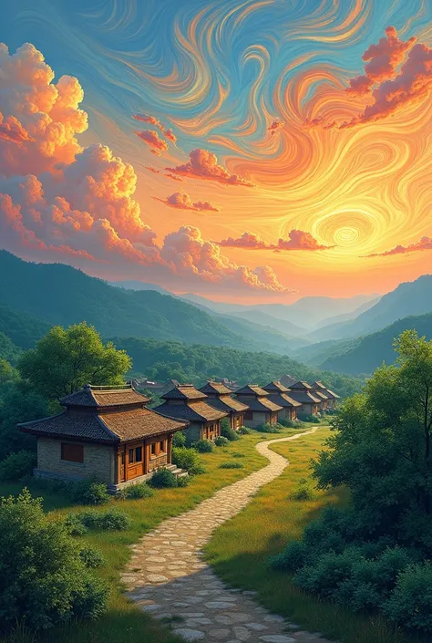 Beautiful scenery of bungalows in the beautiful rural area of Shandong, China in the photo, The evening sky is full of colorful clouds，Very smooth color gradients, painting,in the style of van gogh