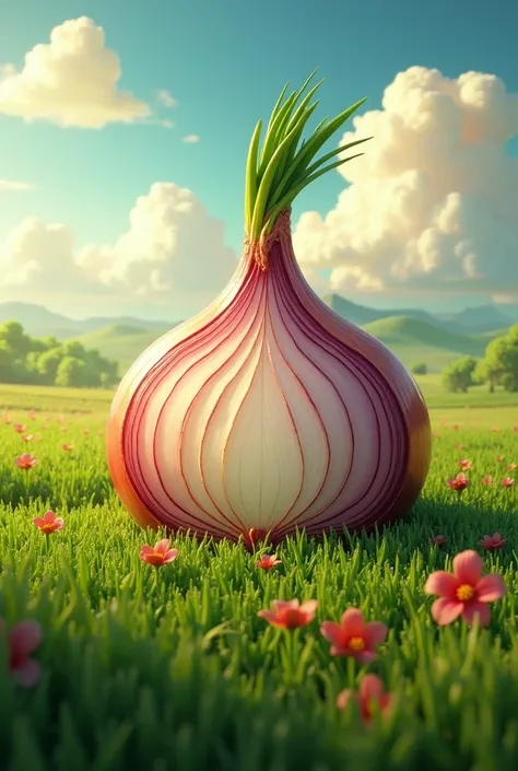 a beautiful onion field on a beautiful sunny day, with a giant onion cut in half between the field 