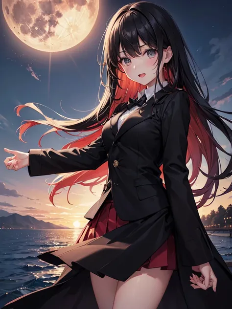 A high school girl is falling from the sky with her right hand outstretched,,(16k,Ultra-high resolution,Best Quality,masterpiece,Very detailed,Extremely clear CG),Anatomically correct body,Very detailed顔の特徴, Beautiful and perfect face, Perfect Eyes,((Black...