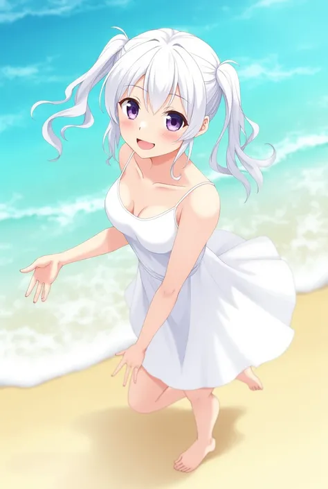 best quality, masterpiece, , ,short, huge breasts, white hair,low twintails, purple eyes, yukine chris, thin twintails,, beach, sea, white dress, white skirt, white one-piece, straw hat,  (((shy))), (happy), leaning forward, summer, from above, reaching ou...