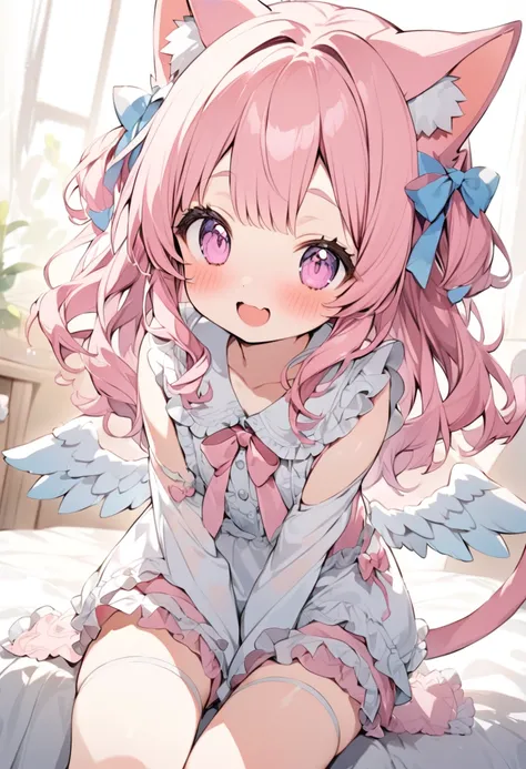 masterpiece,best quality,ultra detailed,(hyper cute anime style super petit ultra pretty character,pastel flat watercolor),1 loli-shota,pink hair,long hair,cat ears,cat tail,angel halo,angel wing,
(white frilly shirt with cuff links),short pants,sit on bed...