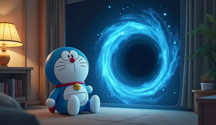 Doraemon sitting in the room ,There is a blue-black hole next to him.，Sucked him in 