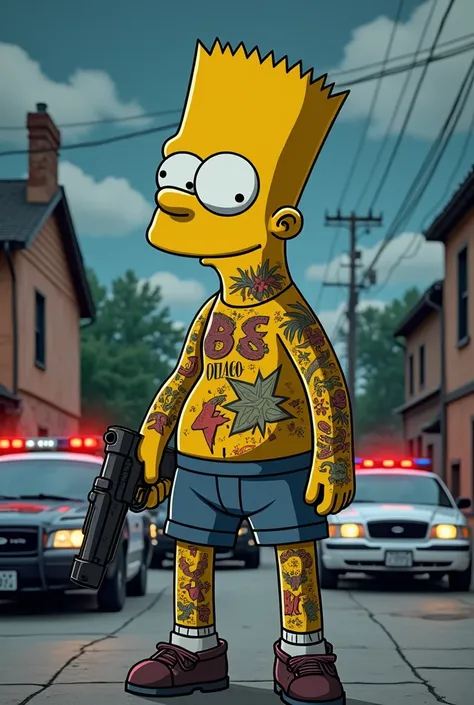 Create Image of Bart Simpson with tattoos all over his body at his home with a gun outside his house being surrounded by the police 