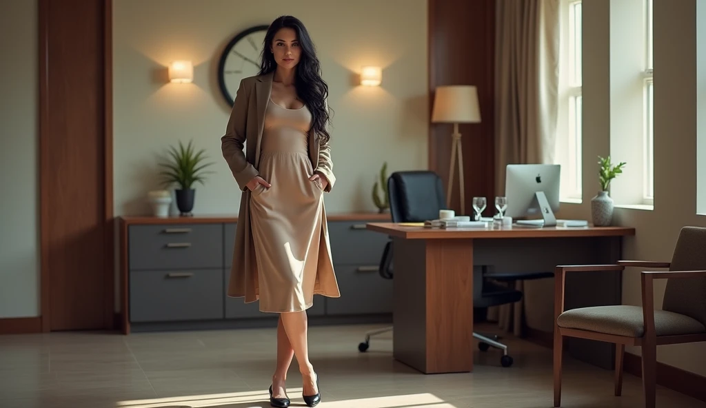 very beautiful woman,2, figure like Monica Bellucci, long black wet wavy hair,perfect body,dressed in autumn, in a midi dress of bed color, jacket or cardigan, (black ballet flats on her feet:1.3), in a business office, standing tall near a desk in the off...