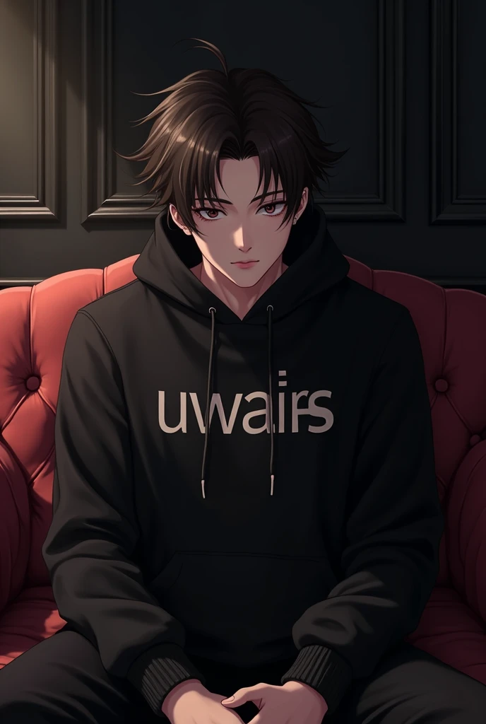 A Handsome anime boy sit on a sofa luxury background walls in full black hodie Uwais write on his cloth. No blur hd full quality image