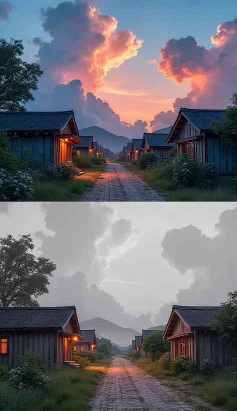 Beautiful Shandong rural bungalows in black and white photo, The evening sky is full of colorful clouds in the color photo，Very smooth color gradients, Photo Style