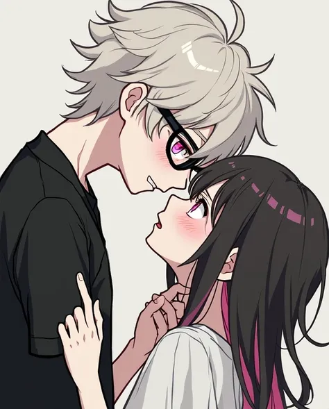 The image depicts two characters in an intimate and emotional pose. The boy, with light, messy hair, wears dark glasses and a black shirt, leaning towards the girl. His eyes are a bright pink, giving him a captivating and mysterious look. The girl, with lo...