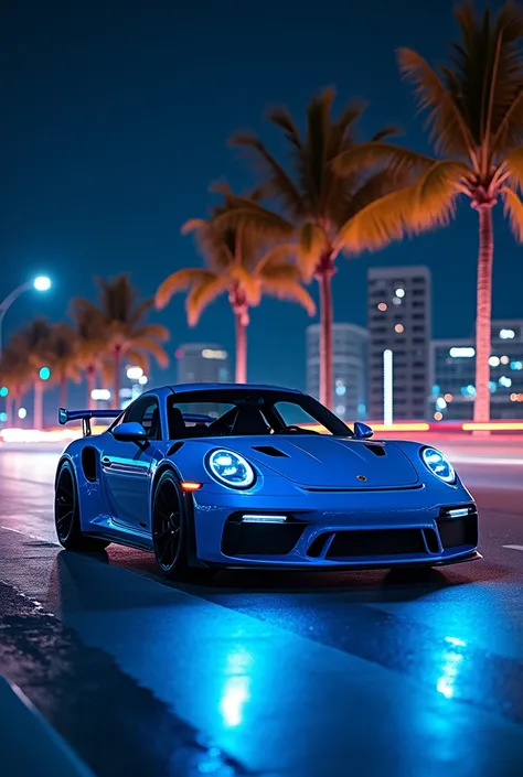 Blue Porche in miami with neon blue light at night side angle 