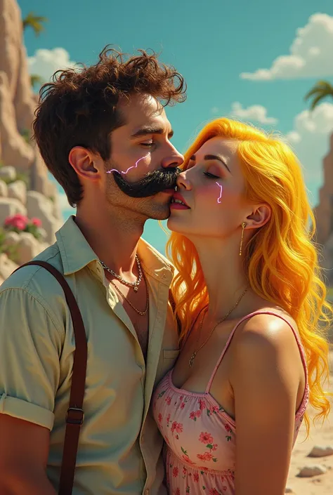 A young man with an electric moustache and his wife with yellow hair dyed and very flirtatious 