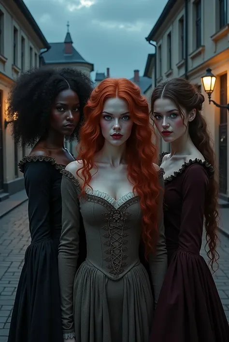 Three women, 18th century vampires,in a square,in the middle of the night, 1 of them is black and has curly hair,the other is white, red-haired and wavy and the other is a brunette with straight hair.