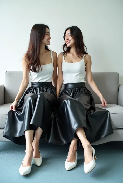 Two beautiful lady, asian, Japanese,
Long hair, 
Low height, same clothes, one lady waving another lady’s skirt,
Cross legs Sitting on a light grey sofa in front of white wall in a new office with light blue carpet,
Wearing a white camisole,
Wearing a shin...