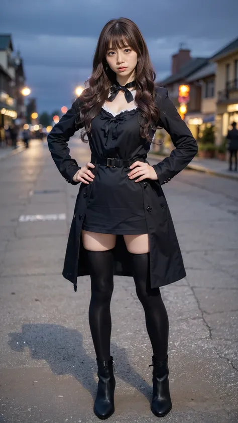 (8k、RAW Photos、Best Quality、masterpiece:1.2)、(Realistic、Realistic)、1 person、((tights,Coat、Big ribbon on chest、Breast enlargement、Curly Hair、、Black dress、whole body、Medium Hair、View from the front、Stand with hands on hips、boots、Night Park、Looking into the c...