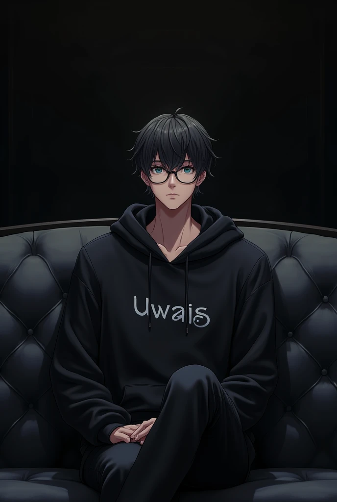 A Handsome anime boy realistic sit on a sofa luxury background walls in full black hodie with black glasses Uwais write on his cloth. No blur hd full quality image