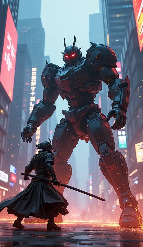 Wide-angle shot, dramatic battle between a cybernetic samurai and a towering mecha warrior. Neon-lit streets with towering holographic billboards in the background. Sparks flying from their weapons, intense lighting, and dynamic action pose. Photorealistic...