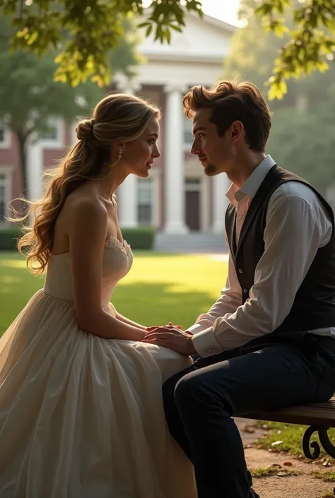 A beautiful woman  talking  to a young men In college 