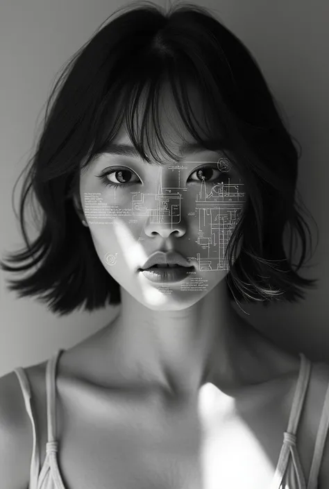 Black and white photography:1.37, Black and White Photography:1.37, Realistic, Double exposure of a beautiful woman&#39;s face looking straight into the camera:1.37, The double part of the image is projected with detailed drawings:1.37, Create a double exp...