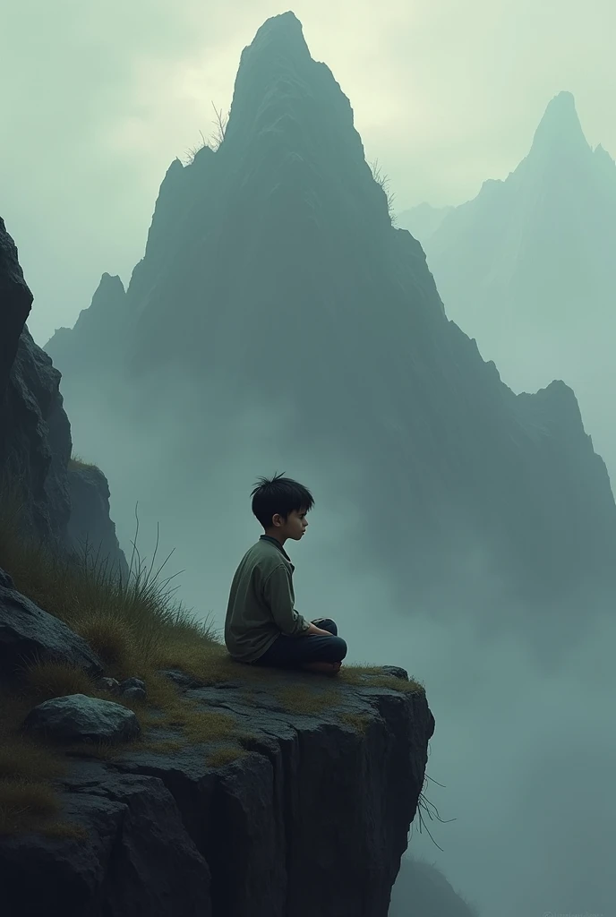 Alone boy siting on the mountain edge dark 