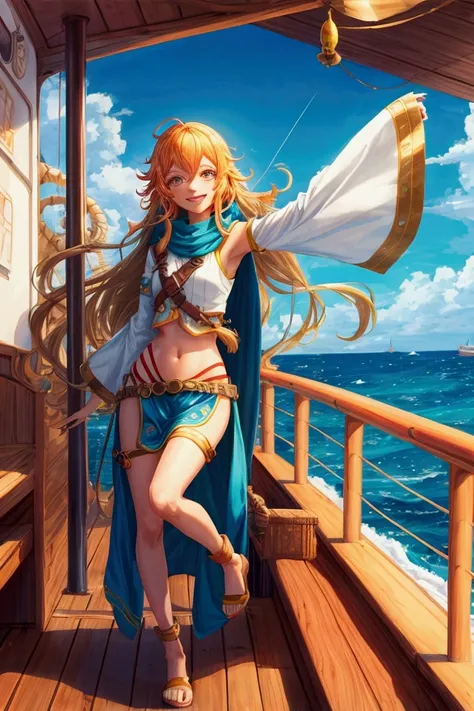 nami pointing the way on the ship&#39;s deck, the wind blows her long hair she is happy and confident