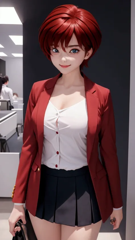 Create Female Ranma,Color full-body photo,(Female Ranma Avatar)，Lovely smile，pretty face:1.3，childish face，Red short hair cut just like men，Short hair ponytail，slim figure，bumpy bangs，big blue eyes，Plump upper circumference， he is wearing a shirt，wearing a...