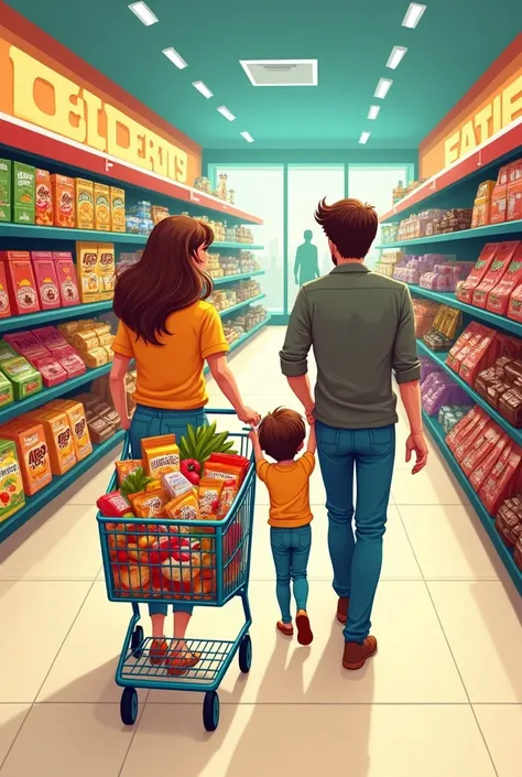 A simple supermarket image to show a  to identify as a shopping mall, with lots of chocolates arranged, then trolley with cereals, fruits and vegetables then mom and dad pushing the trolley and aisle with chocolates then small baskets make it a cartoon dra...