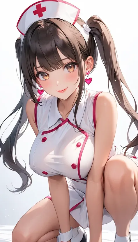 A girl with a cute and seductive smile is looking at you seductively. "A beautiful young woman in her twenties with straight brown twin-tailed hair is wearing a very elaborate and sexy nurse uniform. The outfit is sleeveless and she wears a mini skirt that...