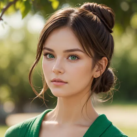 Image size 1024 x 1024, super realistic, 8k quality, front view of 1 beautiful womans face, brown hair with donut bun, green eyes, summer outfit