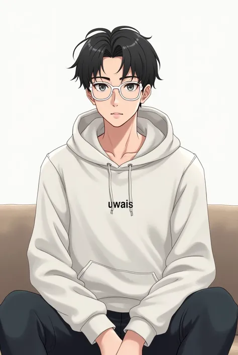 A Handsome anime boy realistic sit on a sofa luxury background walls in full white hodie with white glasses Uwais write on his cloth. No blur hd full quality image