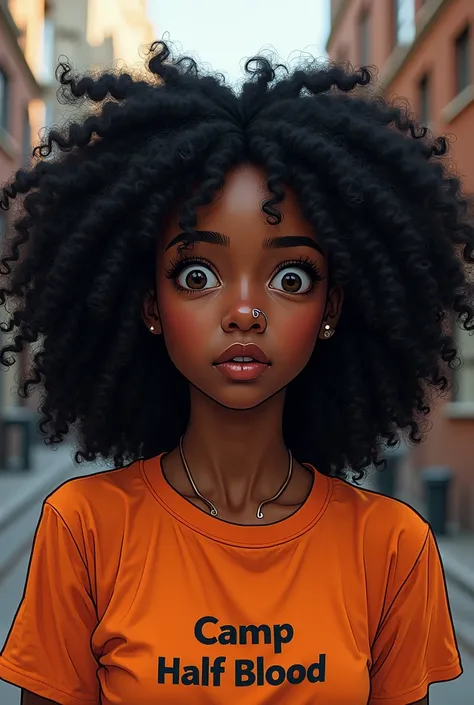 Black woman, Young, long curly black hair, wide nose with a nostril piercing, dark brown eyes, city background, comic book style art, round face, neutral expression, orange shirt camp half blood, curly frizzy hair