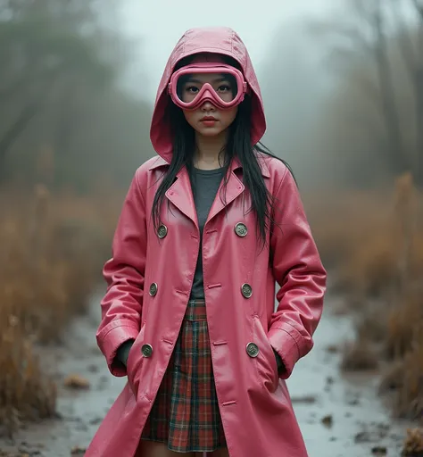 realistic asian lady, large pink frame glass diving goggles covering eyes, long pink shiny buttoned hooded thick swedish raincoat, (((buttoned up))), metal buttons,(((covered in wet mud))), Cowboy Shot, short plaid skirt, Feet Out Of Frame, full budy