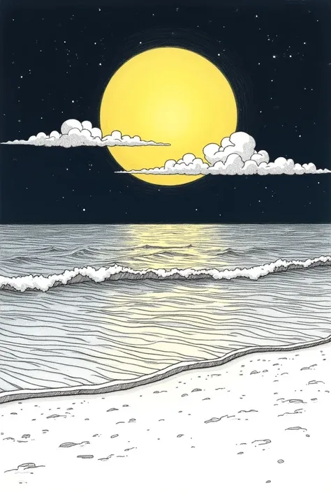 Line drawing of a night sky with a yellow full moon and some clouds, On the beach, realistic